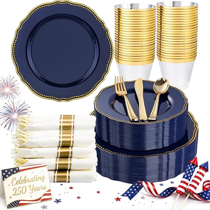 Hioasis 175pcs Blue Gold Plastic Plates - Gold Plastic Dinnerware Set Includes 25 Dinner Plates, 25 Dessert Dinnerware, 25 Cups, 25 Napkins Perfect for Wedding & Party & 4th ofJuly