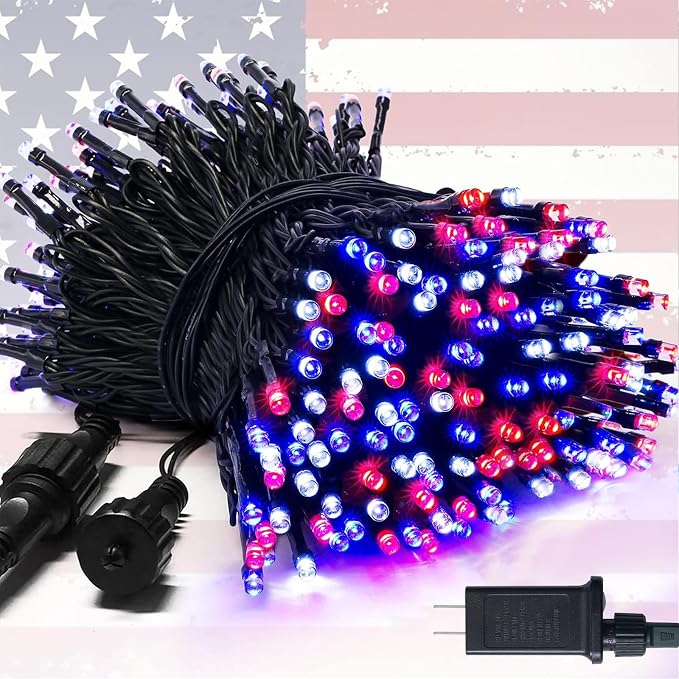 JMEXSUSS 250 LED Red White and Blue Lights, 91.5ft Patriotic Lights Plug in | Connectable, Green Wire, Waterproof, 8 Modes, Indoor/Outdoor Use, Tree Yard Patio Home Decor, Perfect for 4th of July Day