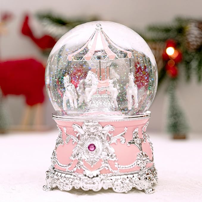 Luxury Silver Carousel Music Box,Carousel Figurine Snow Globe,Elegant Wedding, Romantic Home Décor,Collectible,Anniversary,Birthday, Idea,Plays Castle in the Sky Tune