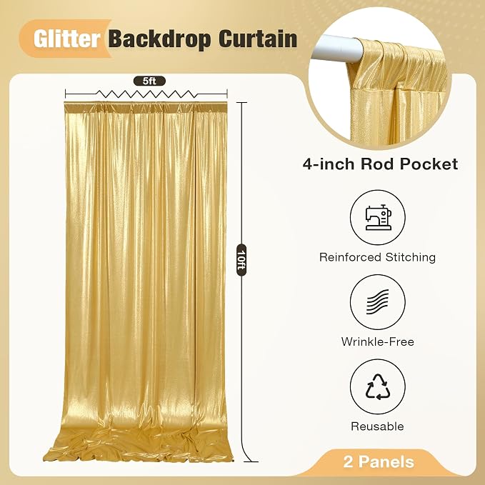 10x10FT Gold Sequin Backdrop Curtain for Party - 2 Panels 5x10FT Wrinkle-Free Shimmer Drapes for Birthday, Wedding, Christmas, Decorations & Photography