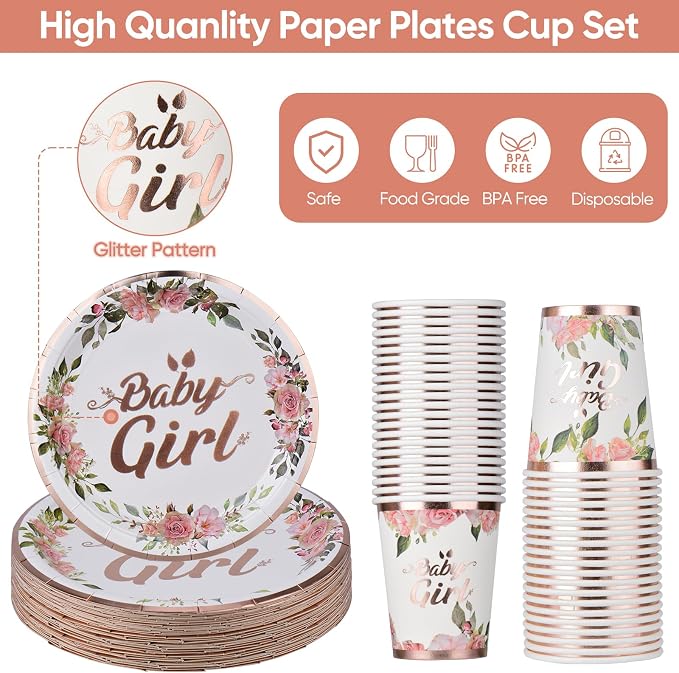 320 Pcs Rose Gold Baby Shower Decorations Set for 40 Guests, Baby Girl Shower Party Supplies Tableware Includes Plates and Cups and Napkins Straws Sets (40)