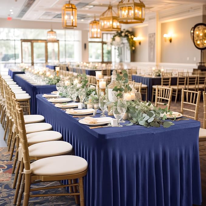 1 Pack Navy Blue Table Clothes for 8 Foot Rectangle Tables, One-Piece Wrinkle Resistant Stretch Spandex Table Covers with Table Skirt for Event Banquet Wedding Birthday Party