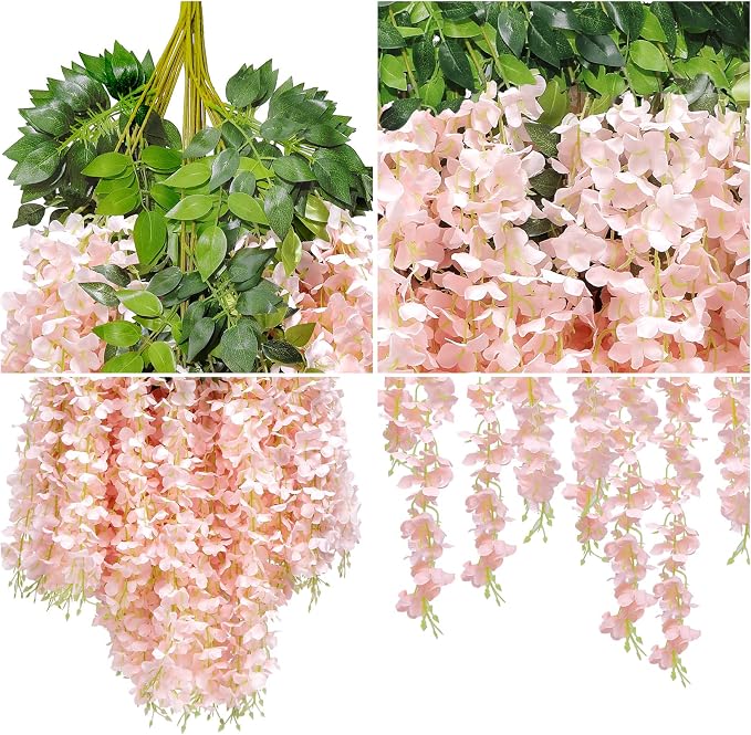 U'Artlines 24 Pack(Total 43.2 Feet) Artificial Fake Wisteria Vine Rattan Hanging Garland Silk Flowers String Home Party Wedding Decor (24, Light Pink)