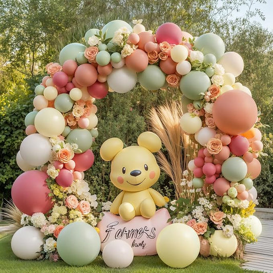 Dusty Pink Yellow Green Balloons Arch Kit, Double Stuffed Pastel Light Yellow Sage Green Peach Balloon Garland Ivory White Sand Color for Bear Wildflower Birthday Wedding Party Decorations