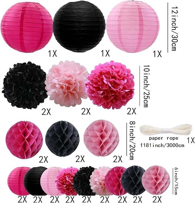 WOLHOWLTD Pink Mouse Paper Decoration Set - 33 Pcs Paper Lanterns, Pompoms, Honeycomb for WeddingValentine's Day,School Day,Bridal Shower,Birthday Party,Home Garden Decoration(Rosy Black Pink)