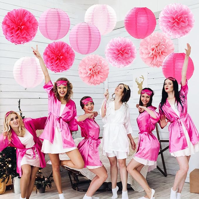 Light-Hot Pink Party-Decorations Paper-Flowers Lanterns - 15pcs Graduation Girl Birthday Decor Tissue Pom Poms Streamers, Bridal Baby Shower Wedding Bachelorette Valentine Hanging Supplies Hugfond