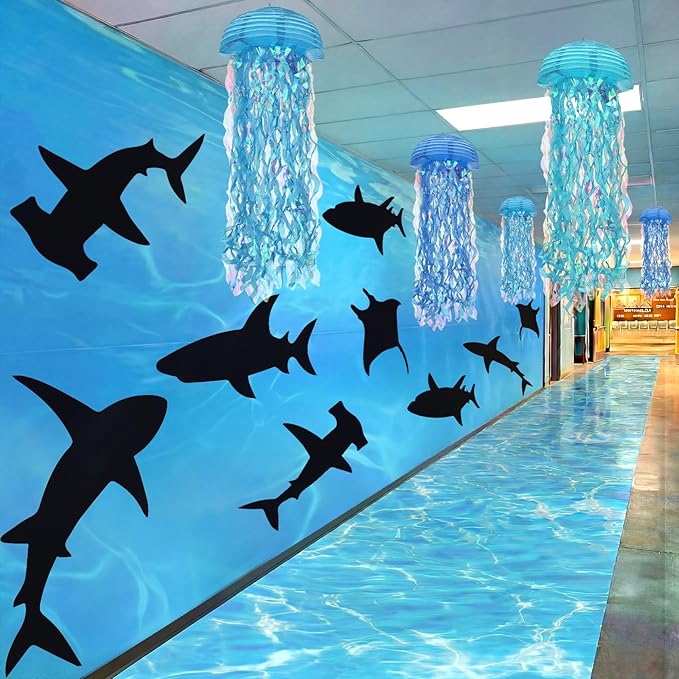 VioraWhite 10 Pcs Ocean Theme Party Classroom Decorations 6 Black Fish Fabric Backdrops 1 Blue Wave Rug 3 Jellyfish Hanging Top Decor Sea Birthday Party Decorations for Summer Beach Classroom