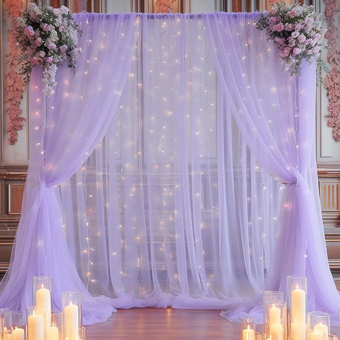 10x10ft Purple Tulle Backdrop Curtain with Lights String for Parites, Sheer Photo Backdrop Curtains for Wedding Baby Shower Birthday Party Photo Shoot Decorations