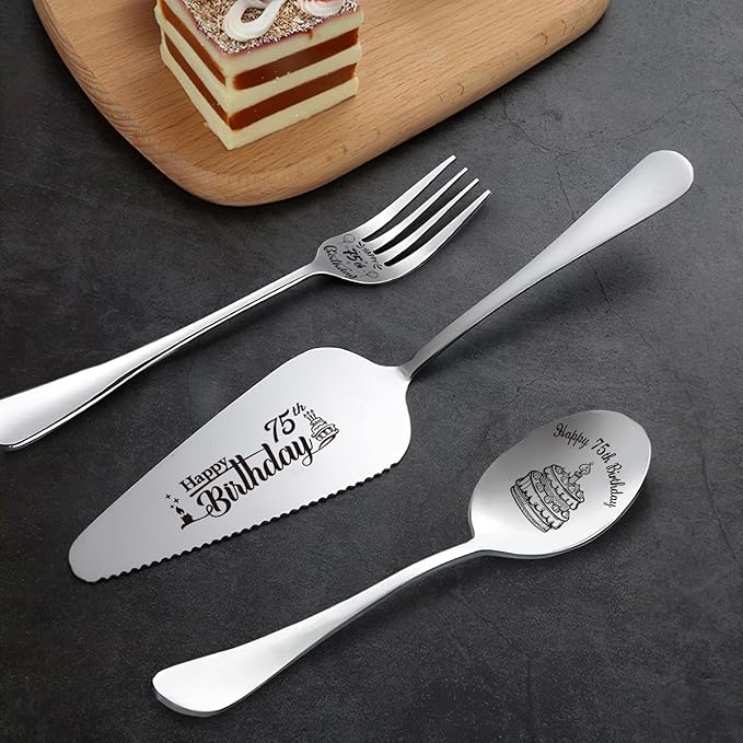 Happy 75th Birthday Personalized Laser-Engraved Stainless Steel Birthday Party Utensil Set - Cake Server, Spoon, and Fork for Mother Father Husband Wife Grandmother Grandfather