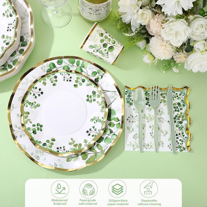 Ziliny 350 Pcs Sage Green Party Supplies Tableware Set Disposable 9'' 7'' Paper Plates 9 oz Cups Cutlery Napkins Dinnerware Set for Wedding, Bridal Birthday Serve 50 (Sage, Green, Gold)