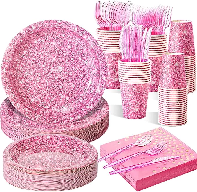 Hushee 350 Pcs 50 Guests Pink Paper Party Plates and Cups Napkins Sets Holographic Glitter Disposable Dinnerware Plastic Forks Knives Spoons Birthday Bachelorette Wedding Party Supplies