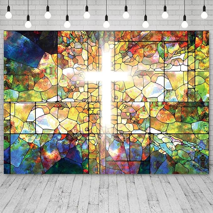 5x3ft Jesus Cross Backdrop Crucifix Church Event Photography Background Stained Glass Holy Bible Lord Pray Sanctuary Religious Baptism Banner Decorations Easter Portraits Photo Booth Prop