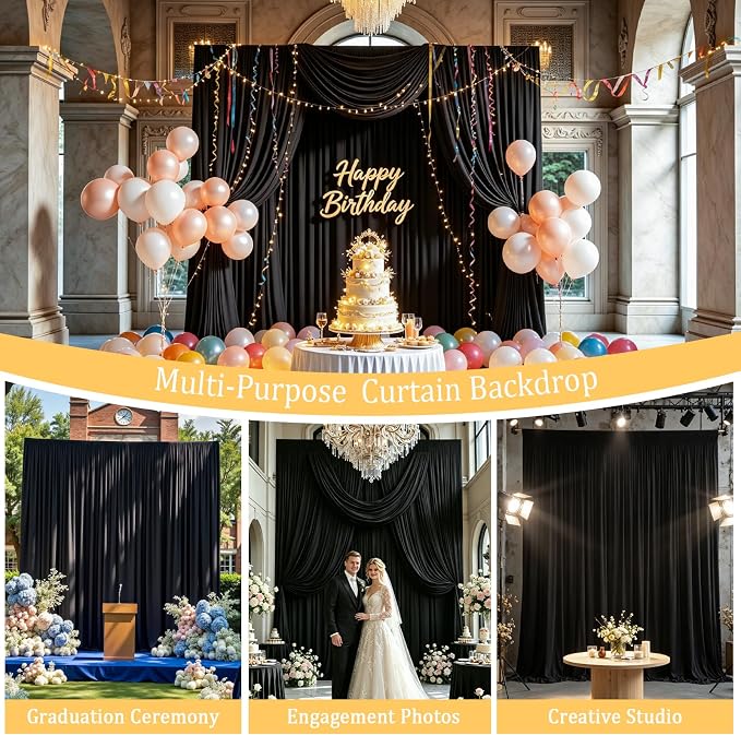 30FT x 10F Black Backdrop Curtain for 40th Birthday Decorations, Polyester Backdrop Drapes with Rod Pockets,Cloth Fabric Curtain for Wedding, Commercial Displays,Graduation Party Decorations