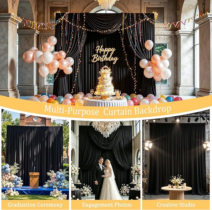 20FT x 10F Black Backdrop Curtain for Graduation Parties, Polyester Black Drapes with Rod Pockets,Photography Photo Booth Backdrop for Wedding,Halloween,Formal Occasions, Birthday Decorations for Men