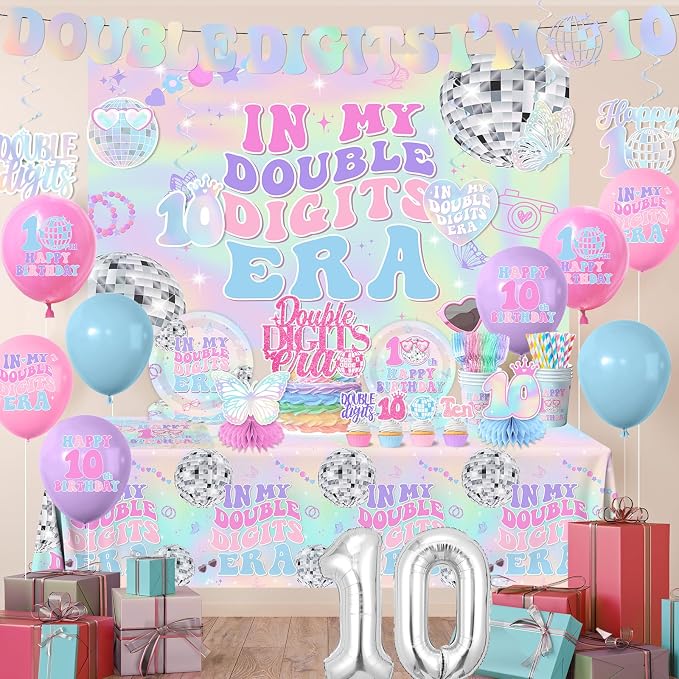 10th Birthday Decorations for Girl,198pcs In My Double Digits Era Party Decor 10 Year Old Birthday Decorations Plates and Napkins Cups Tablecloth Banner Honeycomb for Double Digits Era Party Supplies