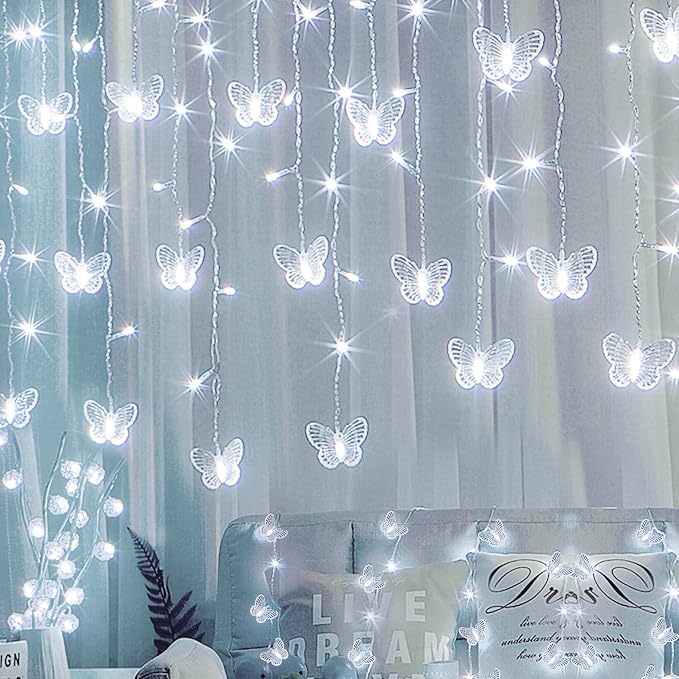 Butterfly Curtain Fairy Lights USB Plug in,120 LED 8 Modes 20FT Firefly Twinkle Icicle String Lights with Remote Timer Waterproof Copper Wire for Bedroom Patio Christmas Wedding Party Dorm(Cool White)