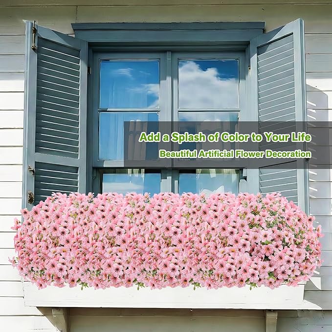 Artificial Flowers Fake Plants for Outdoors Spring Decoration, 13Bundles Silk Realistic UV Resistant Faux Flowers for Outside Planter Porch Yard Patio Garden Home Indoor, Pink