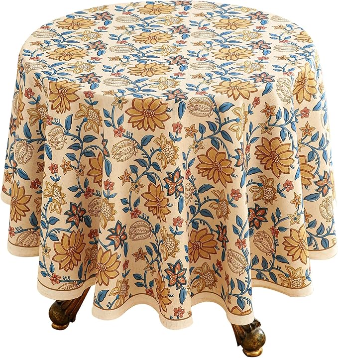 ISAENNE Designer Vintage Linen Round Tablecloth,Diameter 67"-Estevan B | French Elegant Beautiful Printed Table Cloth,Orange Floral Pattern,Durable,Dining,Kitchen,Tea Party,Thanksgiving,Decor