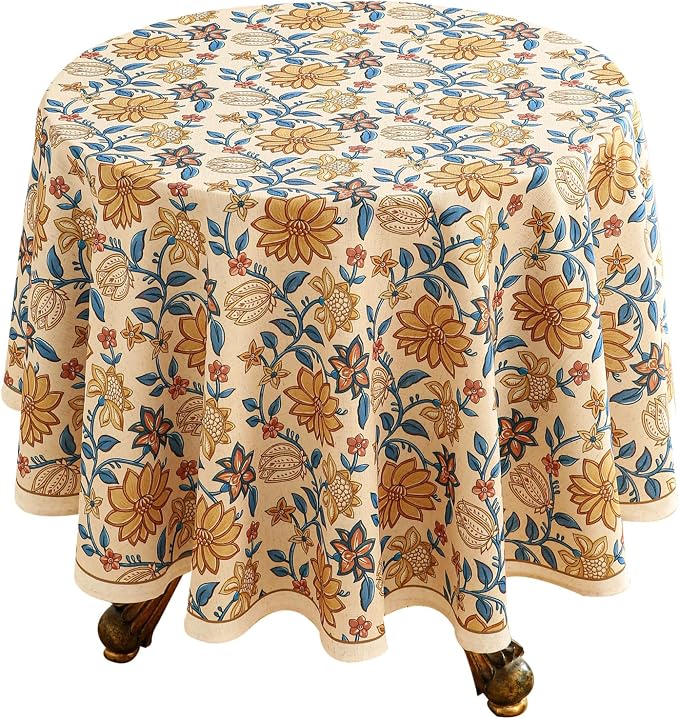ISAENNE Designer Vintage Linen Round Tablecloth,Diameter 55"-Estevan B | French Elegant Beautiful Printed Table Cloth,Orange Floral Pattern,Durable,Dining,Kitchen,Tea Party,Thanksgiving,Decor