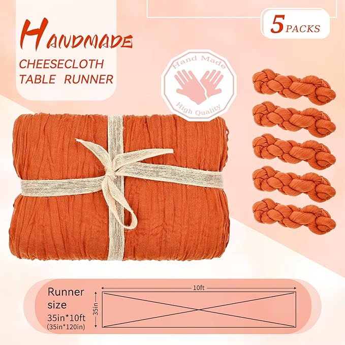 5 Packs Orange Cheesecloth Table Runner, 10Ft x 35" Orange Rustic Gauze Boho Wedding Table Runner Decoration, Wedding Party Bridal Shower Table Decor