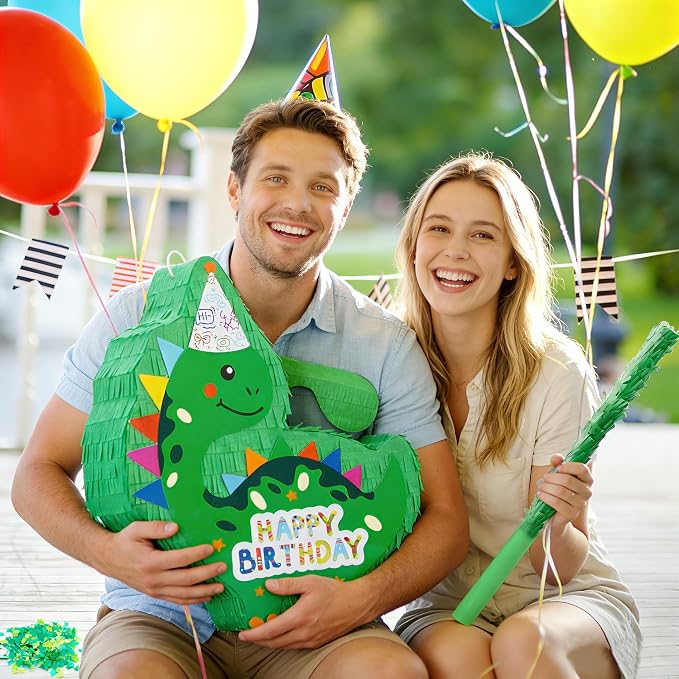 Dinosaur Piñata - Green Dinosaur Piñata with Stick, Blindfold and Confetti for Animal Themed Birthday Party Game Supplies Decorations (16”x12”x3”)