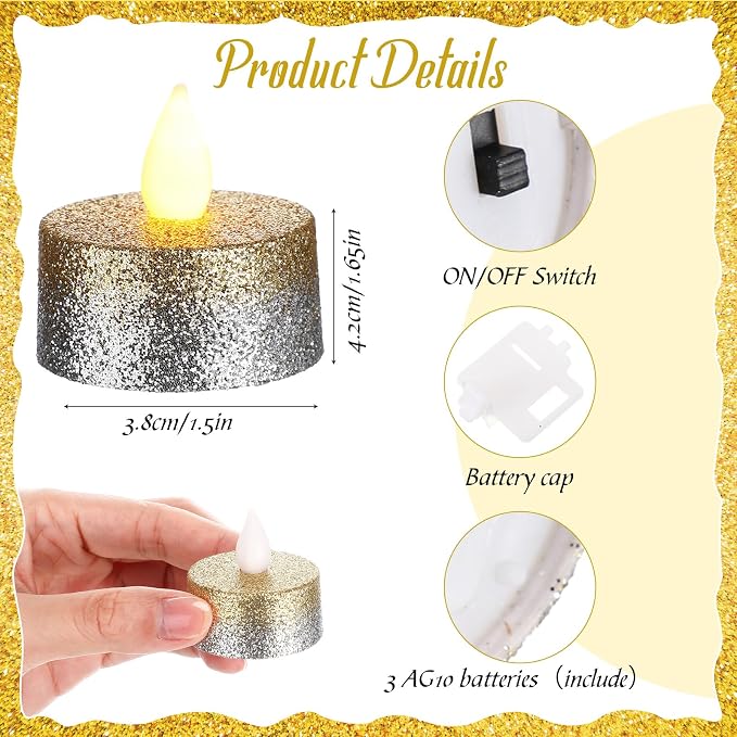 Retisee 48Pcs Flameless LED Tea Lights Glitter Electric Fake Candles for Centerpieces Battery Operated Anniversary Romantic Winter Decor for Wedding Christmas Birthday (Gold,Silver,1.65 Inch)