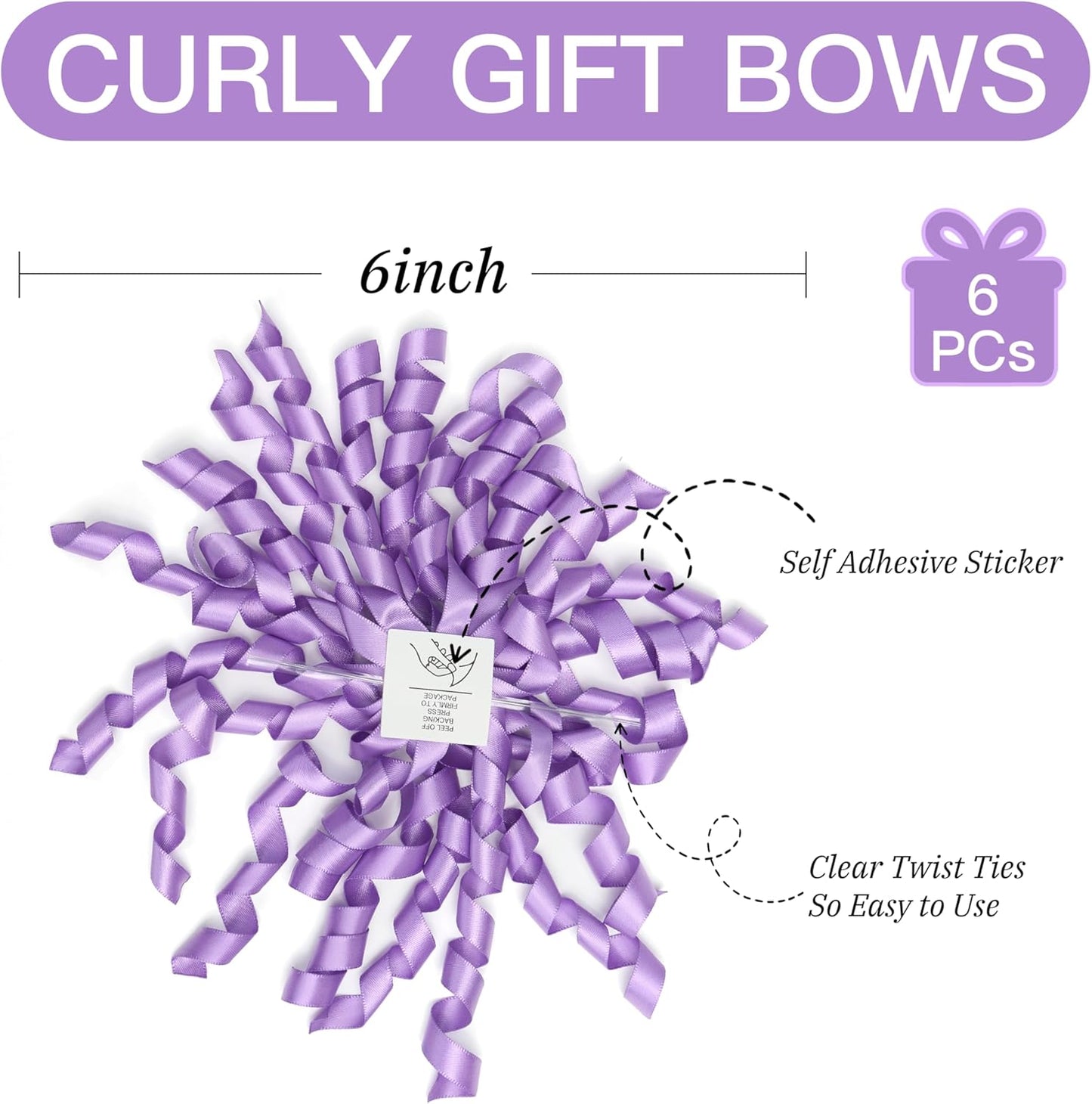 6 Inch Purple Curly Bows for Gift Wrapping Set of 6, Self Adhesive Bows Lilac Gift Bows for Presents, Satin Ribbon Bows for Birthday, Wedding, Christmas, Bridal Shower, Gift Wrap Accessory