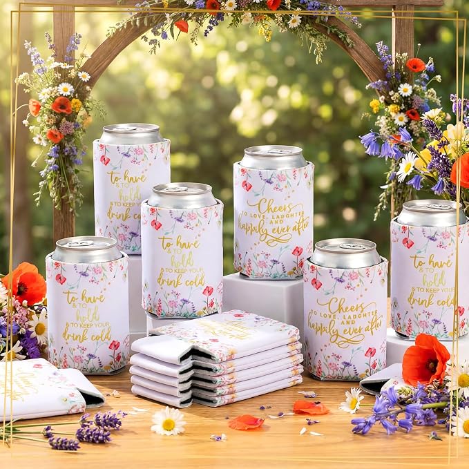 Qinyoung 50 Pieces Wildflower Wedding Can Cooler Sleeves Bulk Engagement Party Favors for Guests Cheers to Love Laughter and Happily Ever After Rehearsal Dinner Decorations for Wedding Bridal