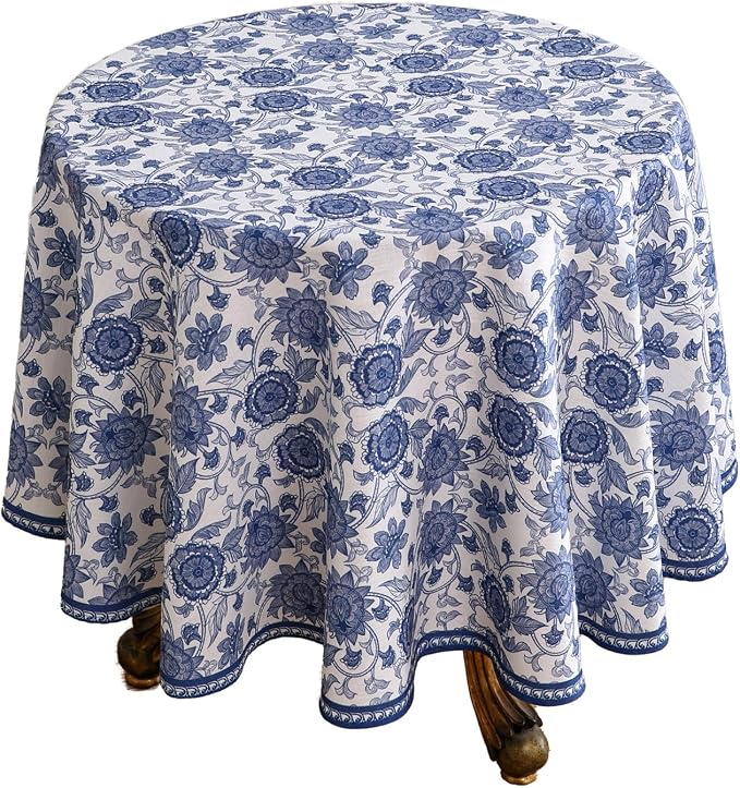 patdrea Elegant French Linen Tablecloth,Round,Diameter 67"-Lantang A | Vintage Elegant Table Cloth for Round Table,Blue and White Floral Print,for Dining Room Tea Party Thanksgiving