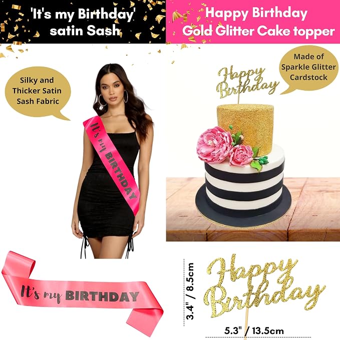 RainMeadow Pink Birthday Decorations for Women, Hot Pink and Black Party Decorations Kit, Happy Birthday Banner, Balloons, Paper Fans, Cake Topper, Sash, Pre-Strung for Girls & 40th 50th Milestones