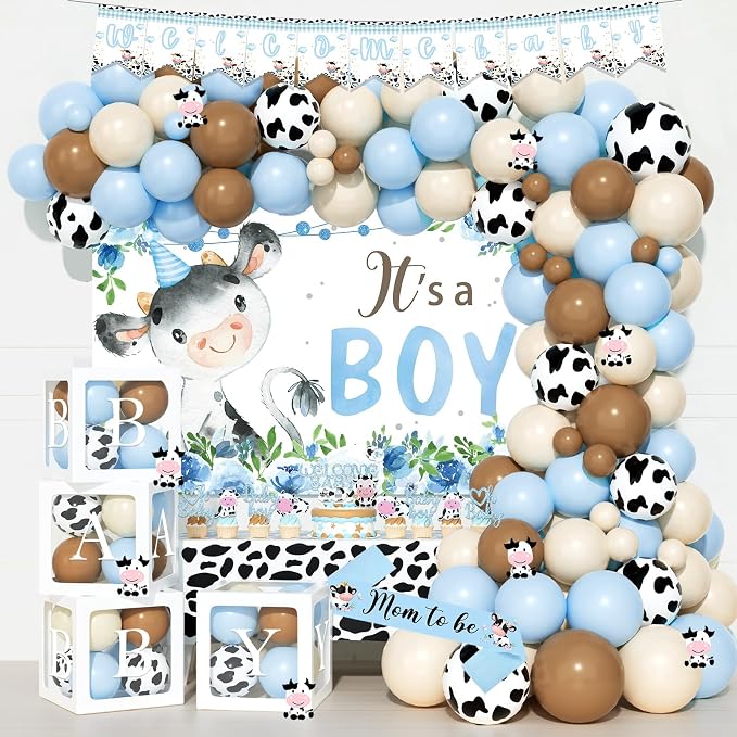 Cow Baby Shower Decorations for Boy, Cow Print Baby Shower Decorations, Blue It’s a Boy Backdrop Balloon Welcome Banner Tablecloth Cake Topper Box Mom To Be Sash