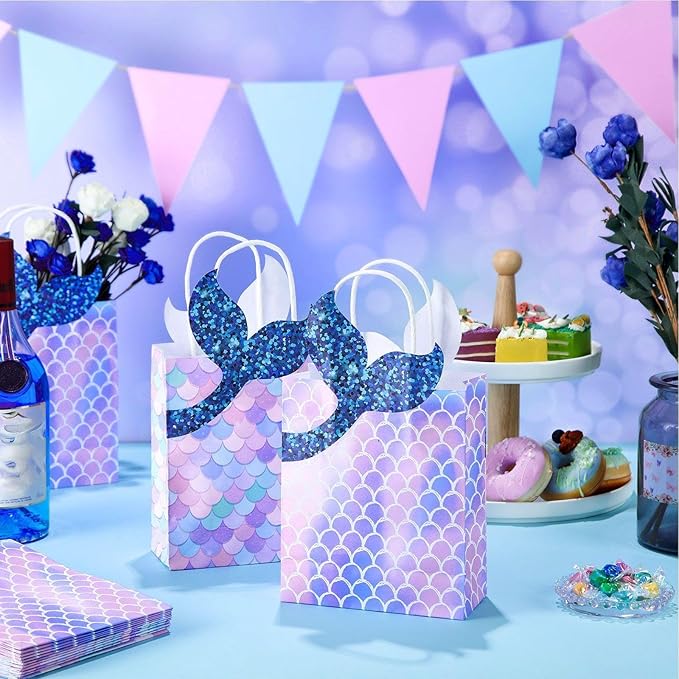 Leinuosen 32 Pcs Mermaid Party Favor Bags Mermaid Gift paper Bags with Handles Princess Theme Birthday Decoration Treat Candy wrap packs for Baby Shower Birthday Pool Party Supplies