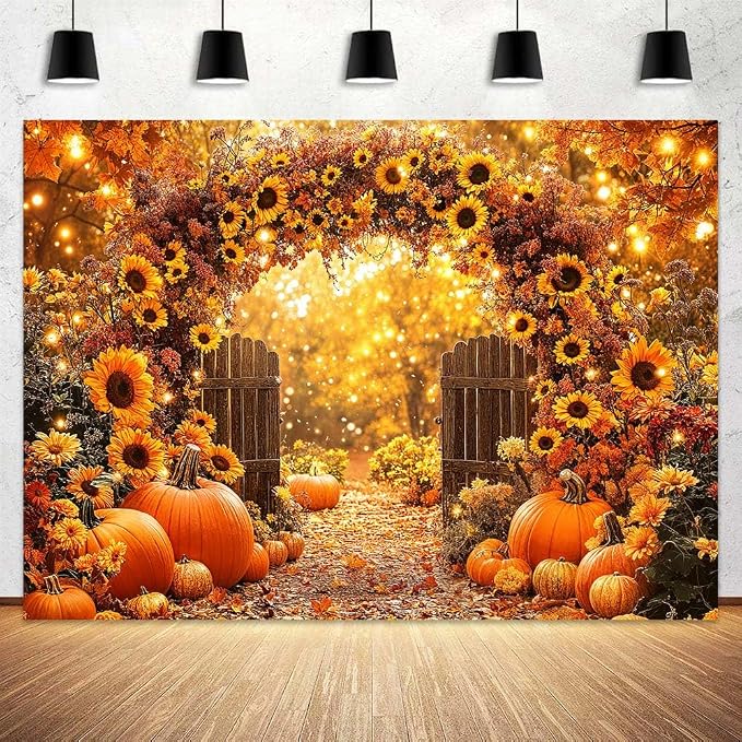 10 x 8 ft Fall Backdrop Autumn Sunflower Arch Forest Leaves Pumpkins Scenery Rustic Trail Harvest Photography Background Fall Farm Thanksgiving Party Supplies Banner Picture Photo Booth