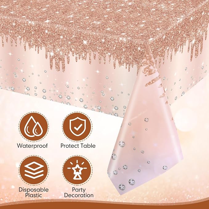 VitalCozy 12 Pack Rose Gold Tablecloth Glitter Diamond Plastic Table Cover Sequin Printed Tablecloth Party Decorations for Halloween Birthday Wedding Anniversary Party Supplies, 54x108 Inch