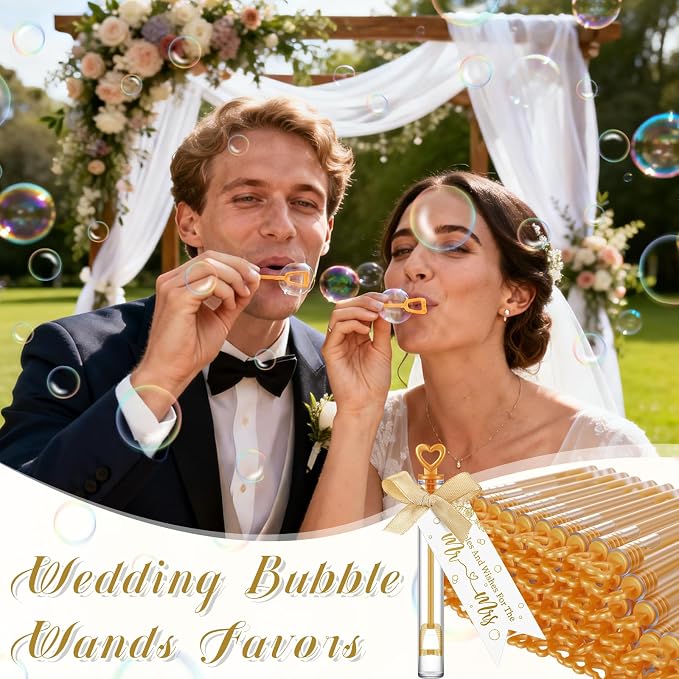 405 Pcs Wedding Send Off Bubble Ideas Set Include Heart Bubble Wands Gift Tags Cards Wood Photo Frame Ribbons Wedding Send Off Party Favors for Guests(Gold)
