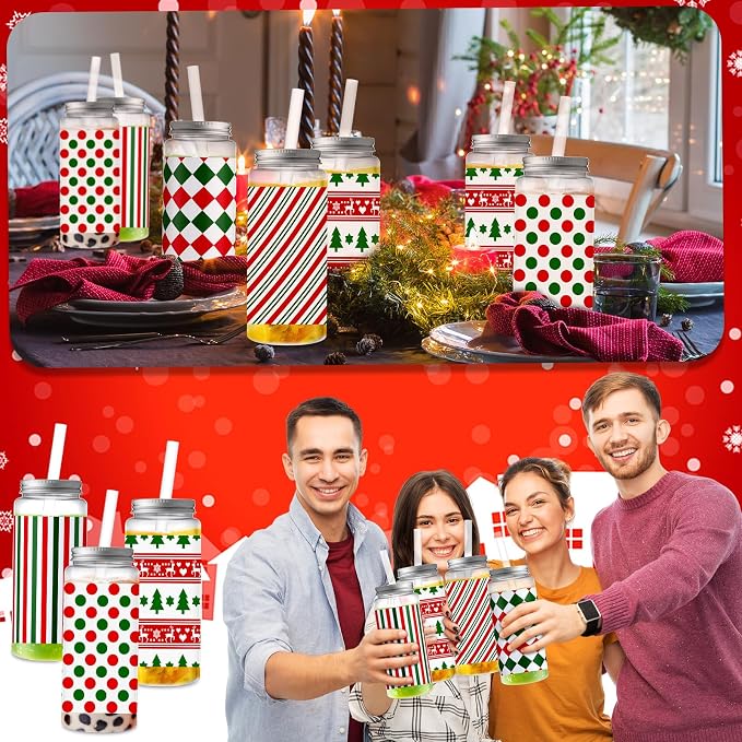 Skylety 30 Pcs Christmas Plastic Cups with Lids and Straws 13.5 oz Red and Green Striped Reusable Plastic Tumbler Christmas Party Decor for Xmas Women Birthday Party Supplies