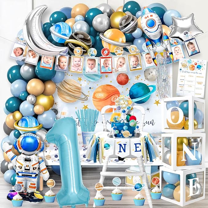 MOVINPE First Trip Around The Sun Birthday Party Decorations for Boy, Baby Boy 1st Birthday Party Supplies Outer Space Theme Birthday Decor, Solar System Astronaut Rocket Balloons Backdrop Party Decor