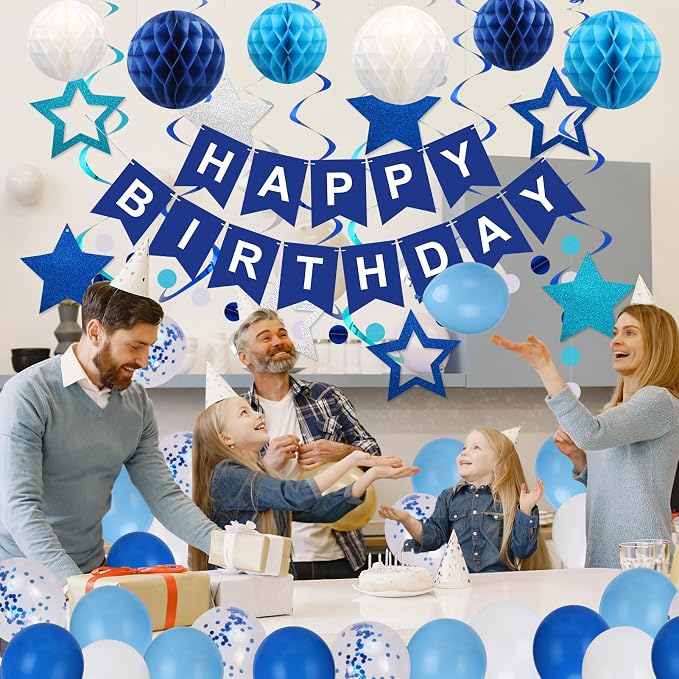 Birthday Decorations, Happy Birthday Banner, Happy Birthday Balloons, Honeycomb Balls, Star Hanging Swirls,Circle Dots Garland, Suitable for Man and Boys Birthday Decorations Prince Party (Blue)