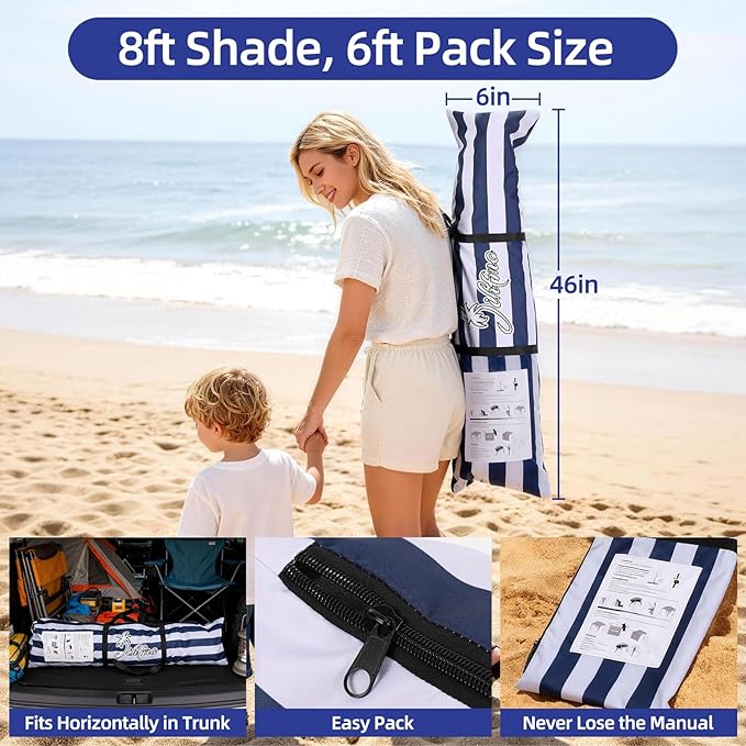 Jihfmo 8x8 Ft Large Beach Cabana Tent, UPF 50+ 99.9% UV Block, 6-8 People | 300D Polyester, Silver Coating Keeps Cool, Windproof, Easy Setup — 64 Sq Ft Family Sun Shelter for Beach, Camping & Backyard