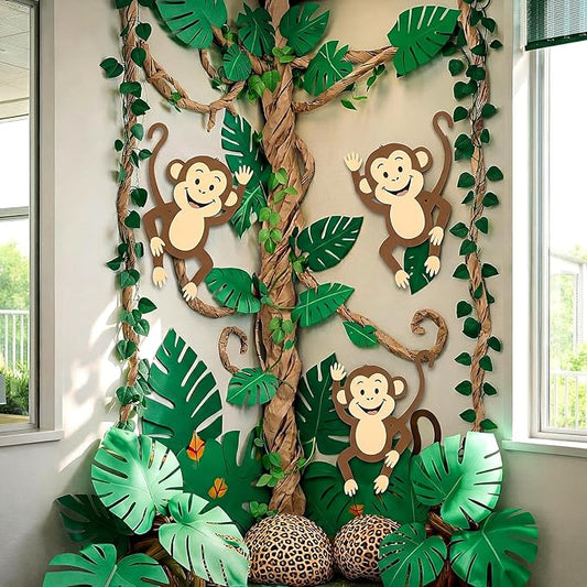Ctosree 36 Pcs Jungle Monkey Theme Party Decorations Tropical Safari Birthday 2026 Vbs Decor Monkey Artificial Ivy Vines Kraft Paper DIY Craft Palm Leaves for Door Border Wild Animal Backdrop