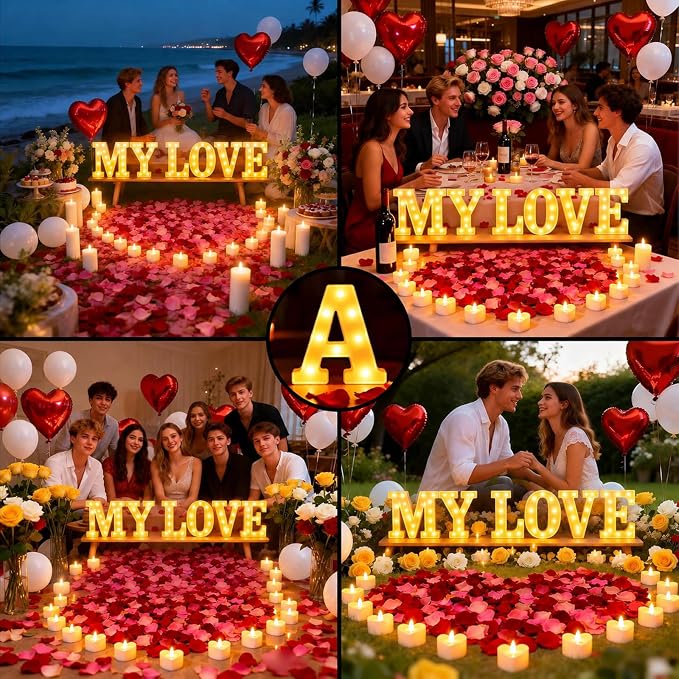 MY LOVE Light up Letters, Include Tea Lights Candles, Latex Balloons, Aluminum Balloons and Rose Petals, Special Festival, Surprise Gifts for Women and Men