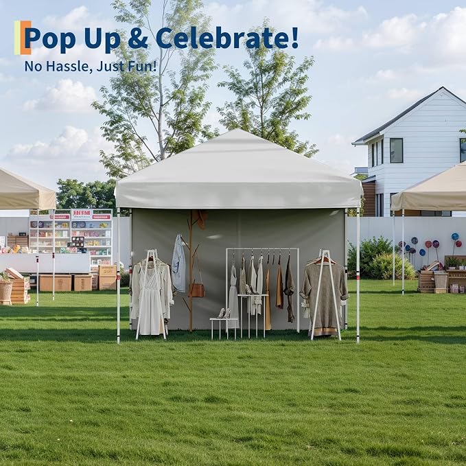 GarveeLife 10x10 Pop Up Canopy with One Sidewalls Easy Up Camping Tent with One Button Push Setup 1 Roller Bag 3 Adjustable Height 4 Weight Bags (White, 10x10 + 1 Sidewall)