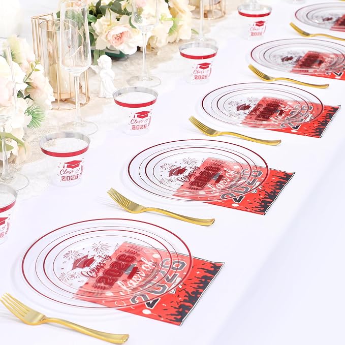 150 Pcs 2026 Graduation Plastic Plates with Disposable Silverware Serves 30 Guests, Red Clear Graduation Disposable Plates Including 30 Dinner&Dessert Plates, Cups, Napkins, Gold Forks for Party