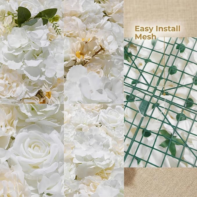 3D Flower Wall Backdrop - 6Pcs 16×24 Inch Artificial Rose Panels White Silk Floral Decor for Home Party Wedding Anniversary Birthday Photographic Studio Background & Decorative Fences