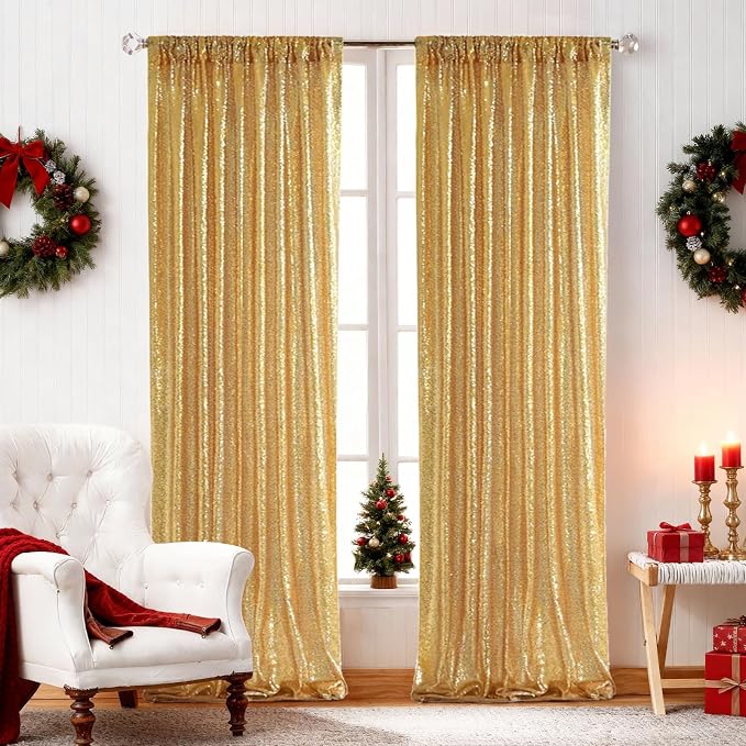 SquarePie 2 PCS 2x8ft Gold Sequin Backdrop Curtains, Satin-Backed Shimmering Photo Booth Background, 2 Panels Narrow Real Sequin Drapes with 4" Rod Pocket for Party, Baby Shower, Doorway Decor