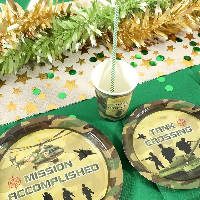 Recheel Army Birthday Party Supplies Decorations, Camo Theme Birthday Paper Plates and Napkins Set with Cups and Straws for 24 Guests, 120 Pcs Disposable Party Dessert Dinnerwares