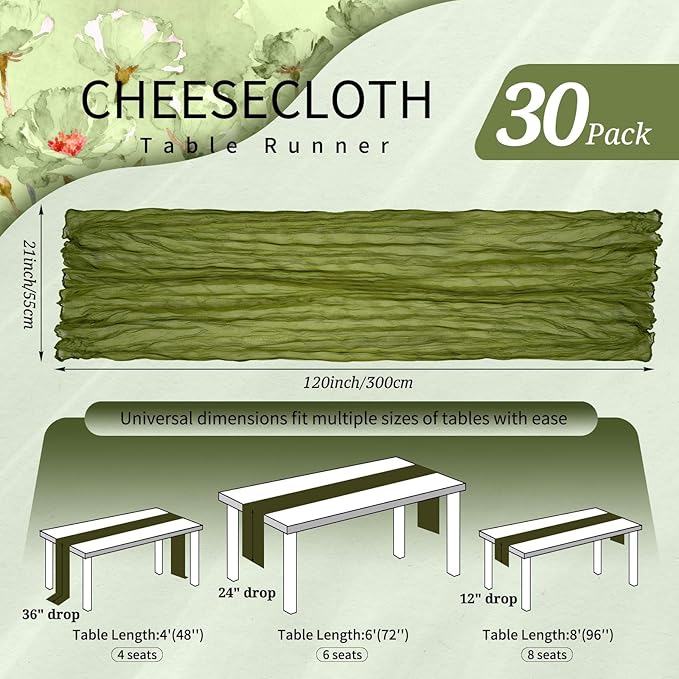 30 Pack Cheesecloth Table Runner 10FT Olive Green Table Runner Boho Gauze Cheese Cloth Table Runners Long Rustic Sheer Table Decorations for Wedding Party Baby Bridal Shower Birthday Holiday Home