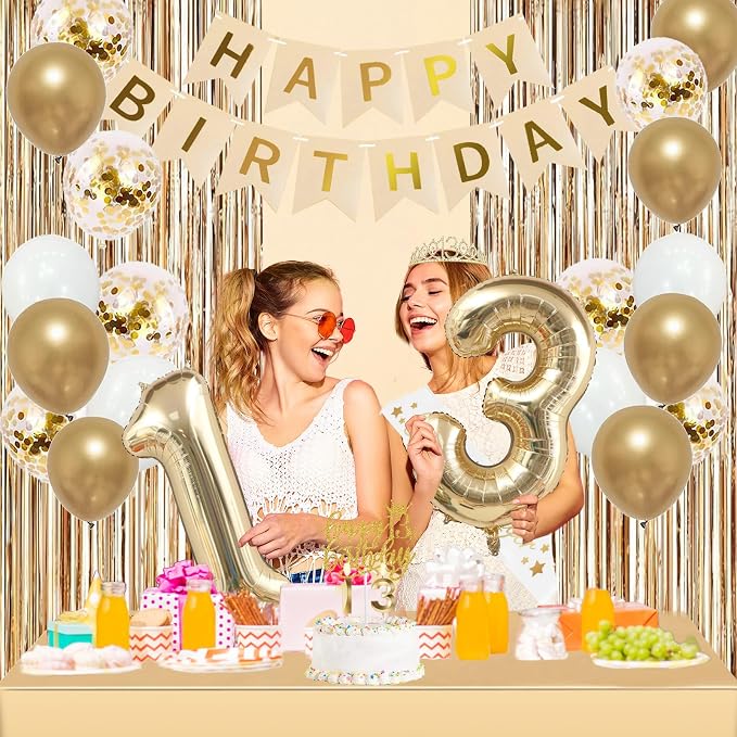 Trgowaul 13th Birthday Decorations for Girls, Banner, Sash and Crown, Cake Topper, 13 Number Balloon, Fringe Curtains, Champagne Gold 13 Birthday Party Supplies