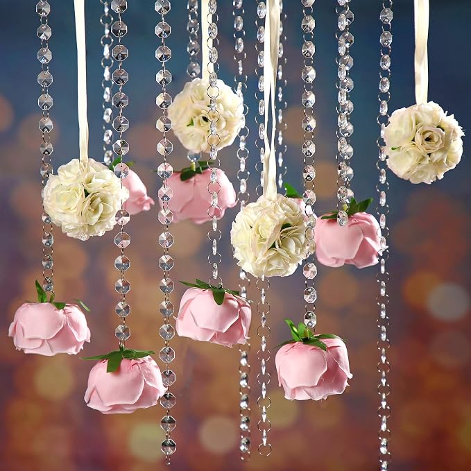 19 Pack Wedding Hanging Centerpiece Set Acrylic Crystal Garland Flower Kissing Balls Artificial Rose Crystal Gems Bead Garland Strands and Thread for Wedding Engagement Party Tree Decorations