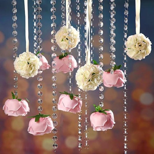 19 Pack Wedding Hanging Centerpiece Set Acrylic Crystal Garland Flower Kissing Balls Artificial Rose Crystal Gems Bead Garland Strands and Thread for Wedding Engagement Party Tree Decorations
